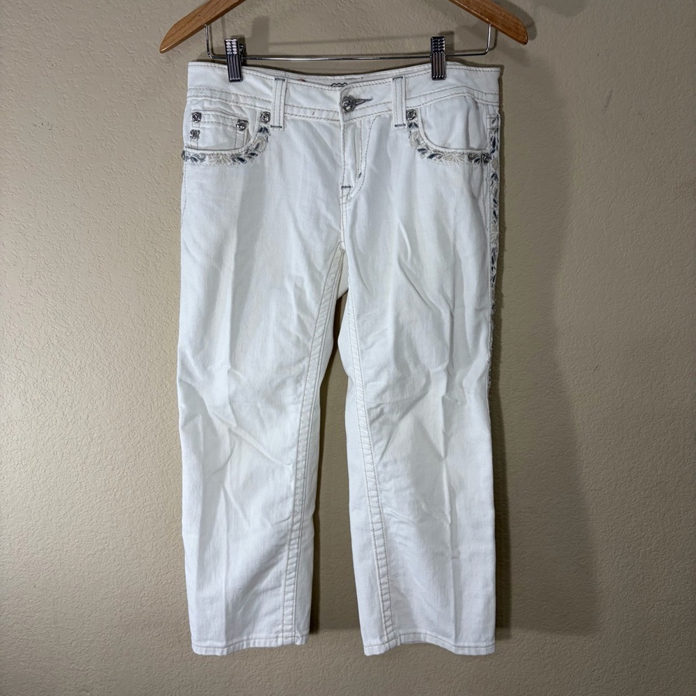 Y2K MISS ME Women's Cuffed Capri White Embellised Embroidered Jeans Sz 28 Grunge